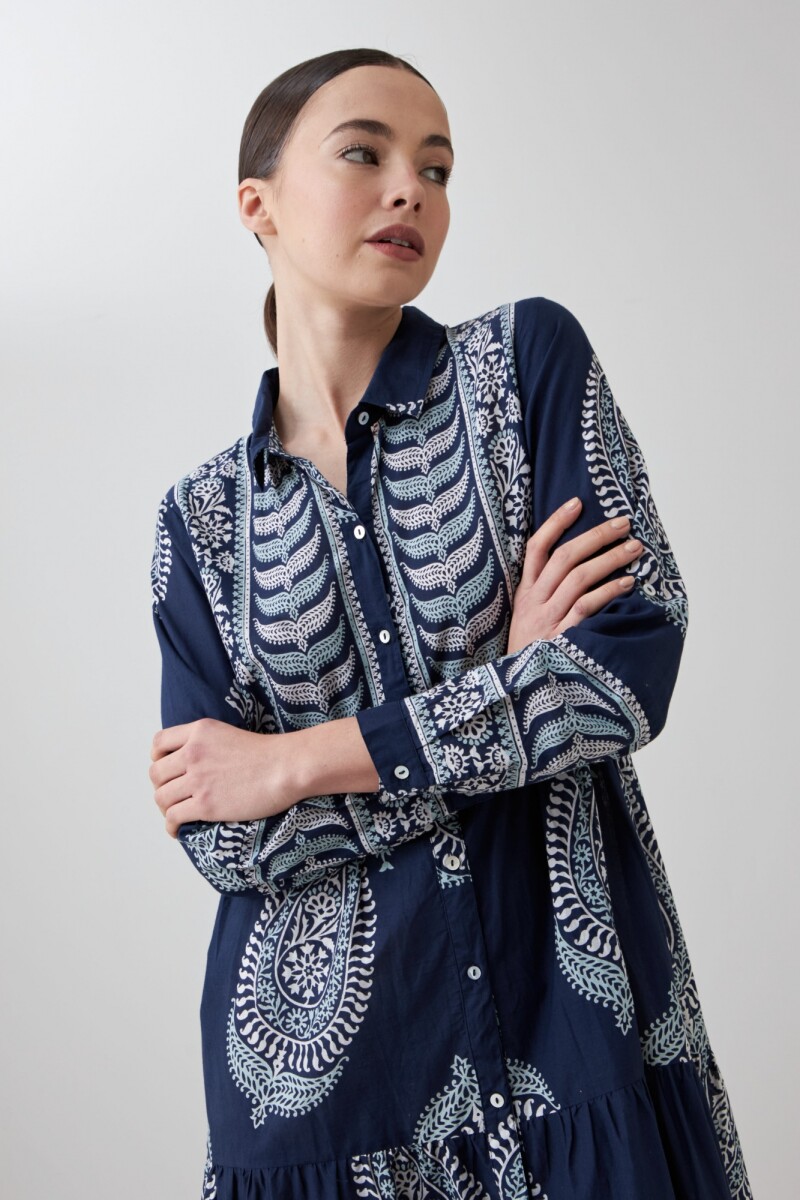 Maxi vestido estampado arabescos azul marino