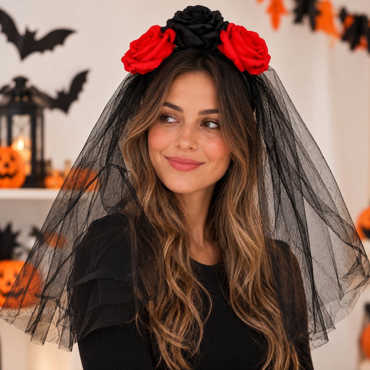 Vincha Flores Rojas y Negro 