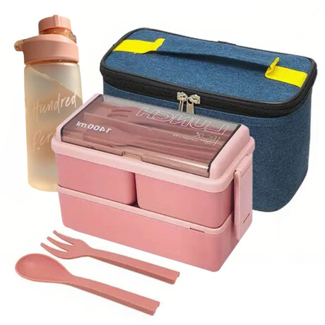 Set De Lunchera Vianda 2Pisos Tupper+ Botella 600ml Rosa