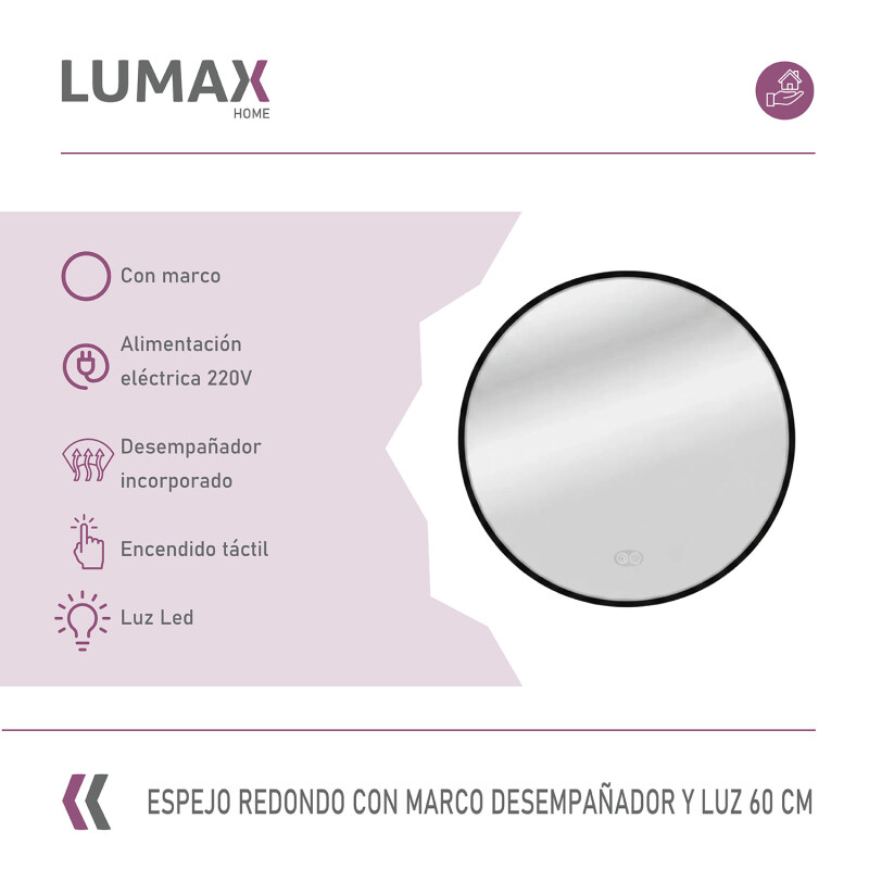 Espejo Lumax Doddy marco redondo con desempañador y luz 60cm Negro