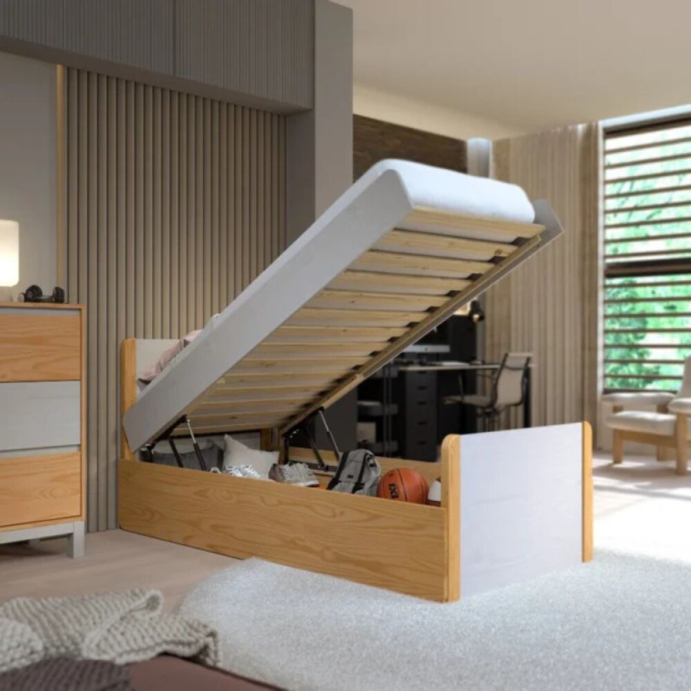 Cama 1 plaza - Madera Maciza con baúl - Flow Cama 1 plaza - Madera Maciza con baúl - Flow