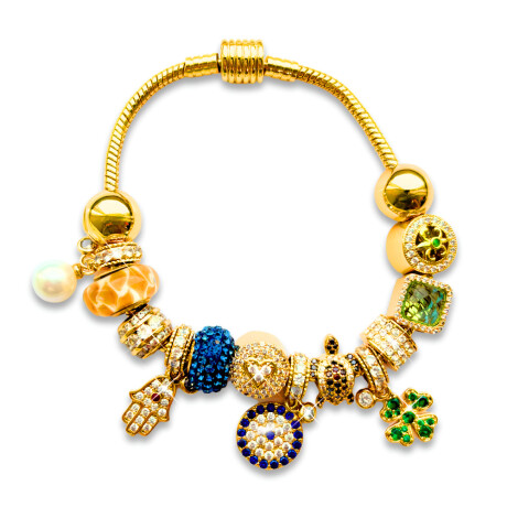 Pulsera bañada en oro de 18 kilates con piedras genuinas - Armonia 12 dijes Pulsera bañada en oro de 18 kilates con piedras genuinas - Armonia 12 dijes