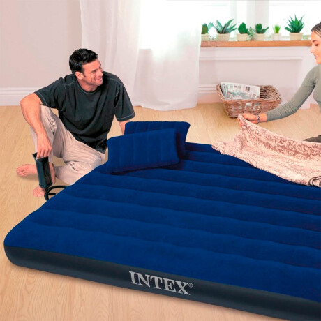 Colchón Inflable Intex 2p Camping +almohada +inflador azul