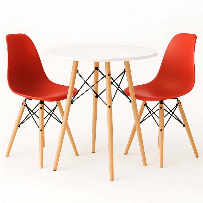 Juego de comedor Con Mesa Circular de 80cm + 2 Sillas Eames Rojo