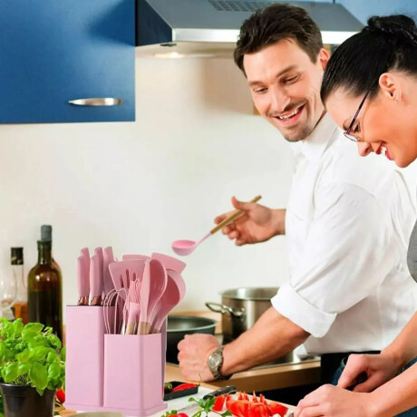 Set Cocina Utensilios 19Pzs + Olla Acero Inoxi 22cm 4,8L Rosa