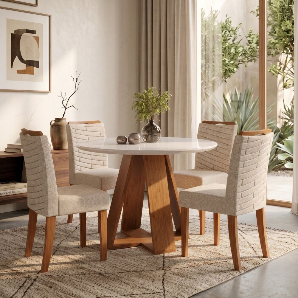 Juego De Comedor 4 Sillas Mesa Redonda - Celeste Beige / Beige