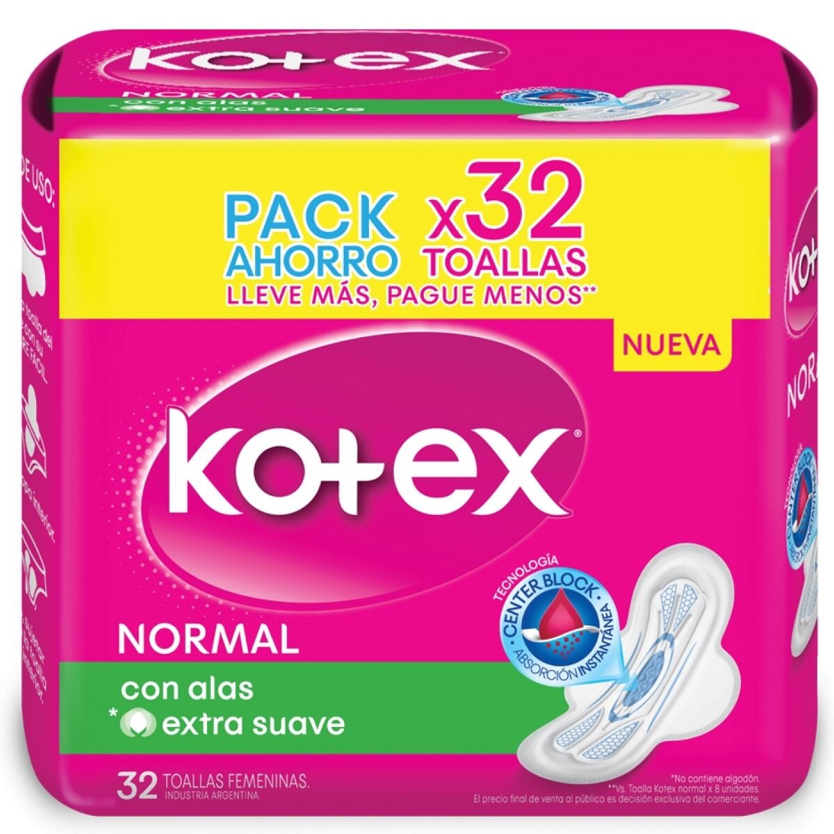 Toalla Femenina Kotex Normal C/Alas - Pack Ahorro X32 