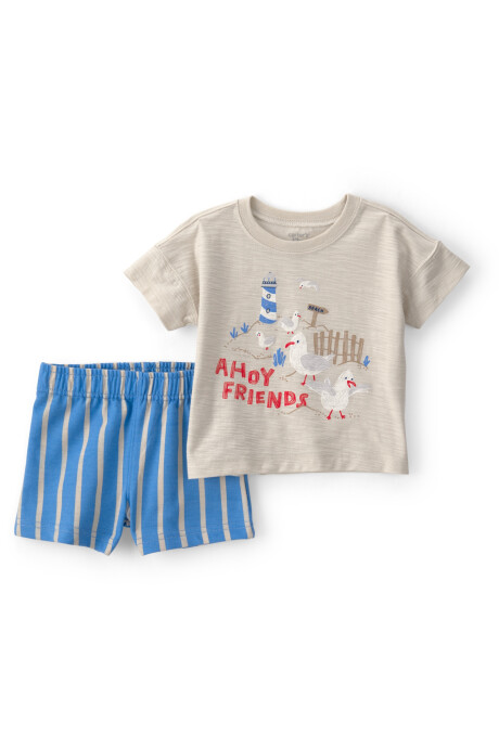 Set dos piezas de algodón, short a rayas y remera estampa gaviotas. Talles 6-24M Set dos piezas de algodón, short a rayas y remera estampa gaviotas. Talles 6-24M