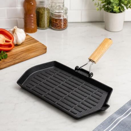 Plancha Grill en Hierro c/ Mango Rebatible en Madera 21x35Cm Negro