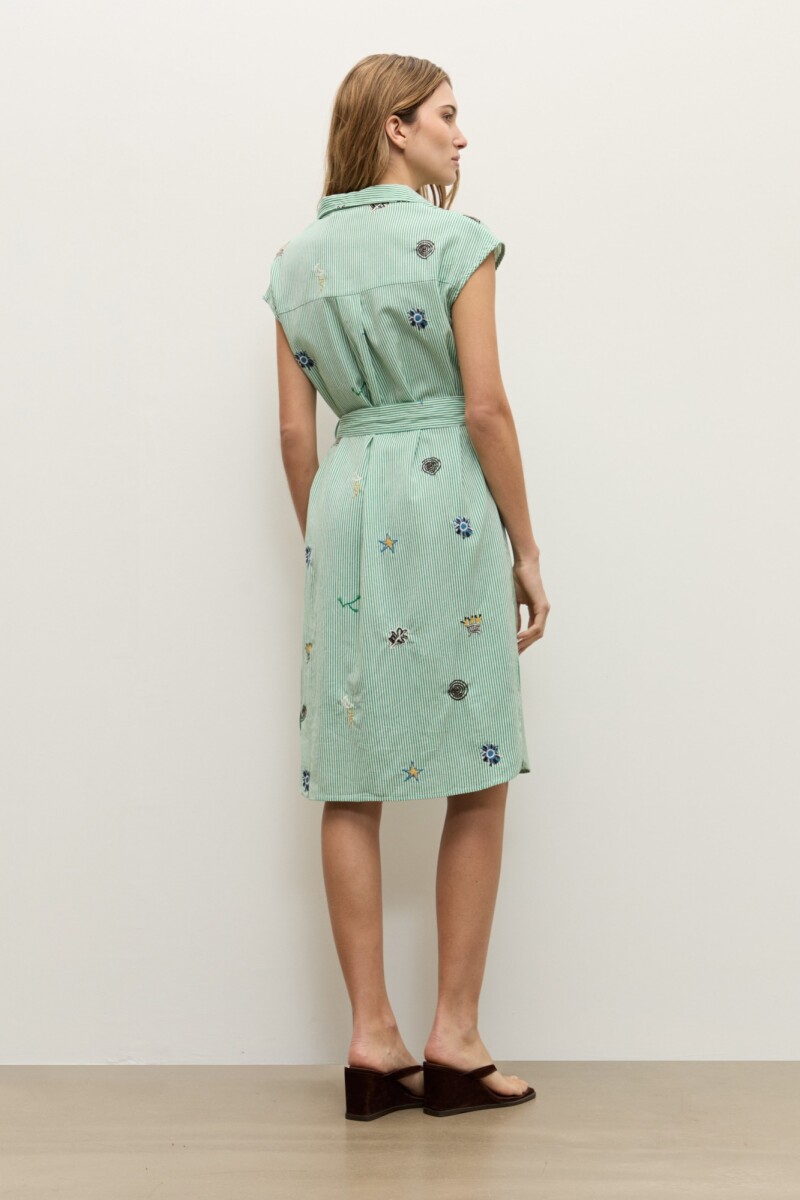 Vestido rayado con bordado verde