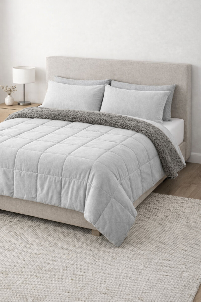 ACOLCHADO VELVET Y SHERPA 2 PLAZAS - GRIS 