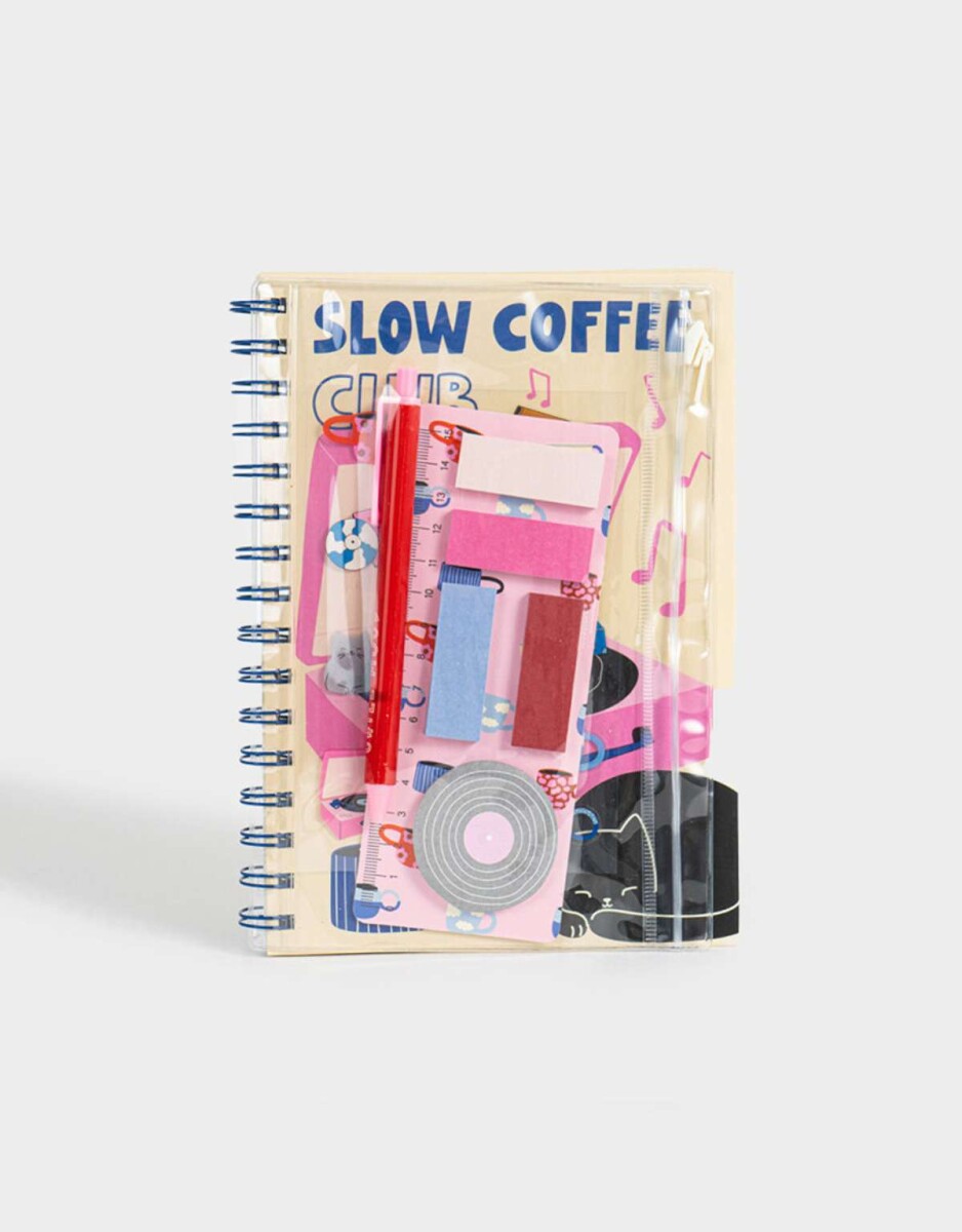 Set De Librería Con Cuaderno A5 Anillado Y Estuche De Pvc Con Notas Adhesivas, Stickers, Lapicera - Blanco 