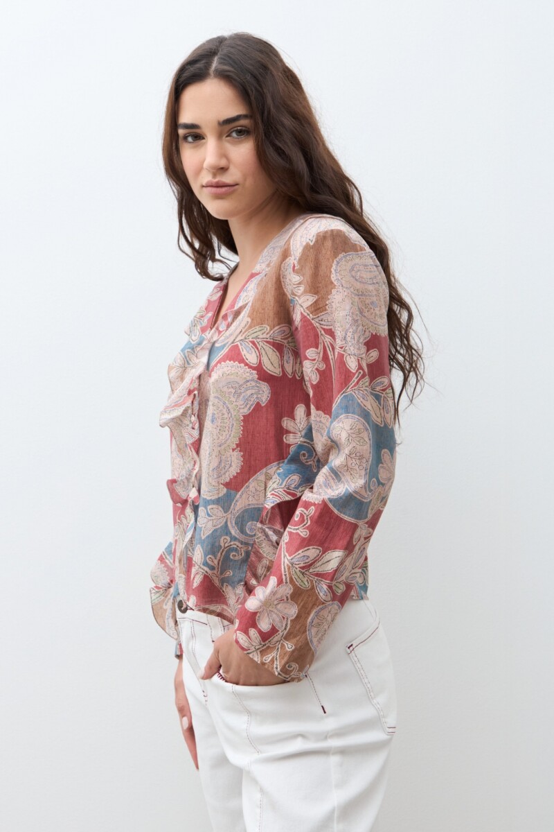 Blusa estampa paisley con volados bordo