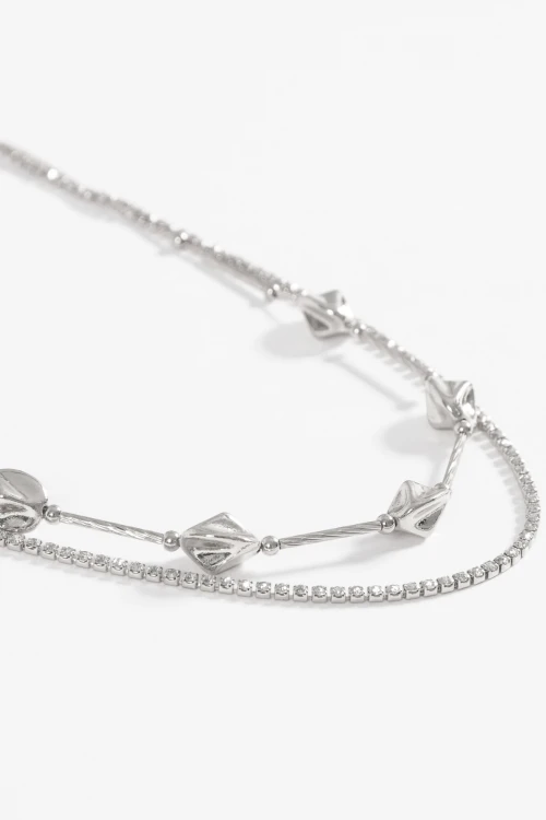 Collar largo doble con cuentas plateado