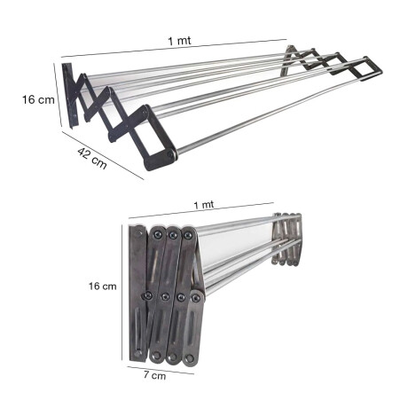 Tendedero Tender Plegable Ropa p/ Pared 1Mt en Aluminio Mor Plateado