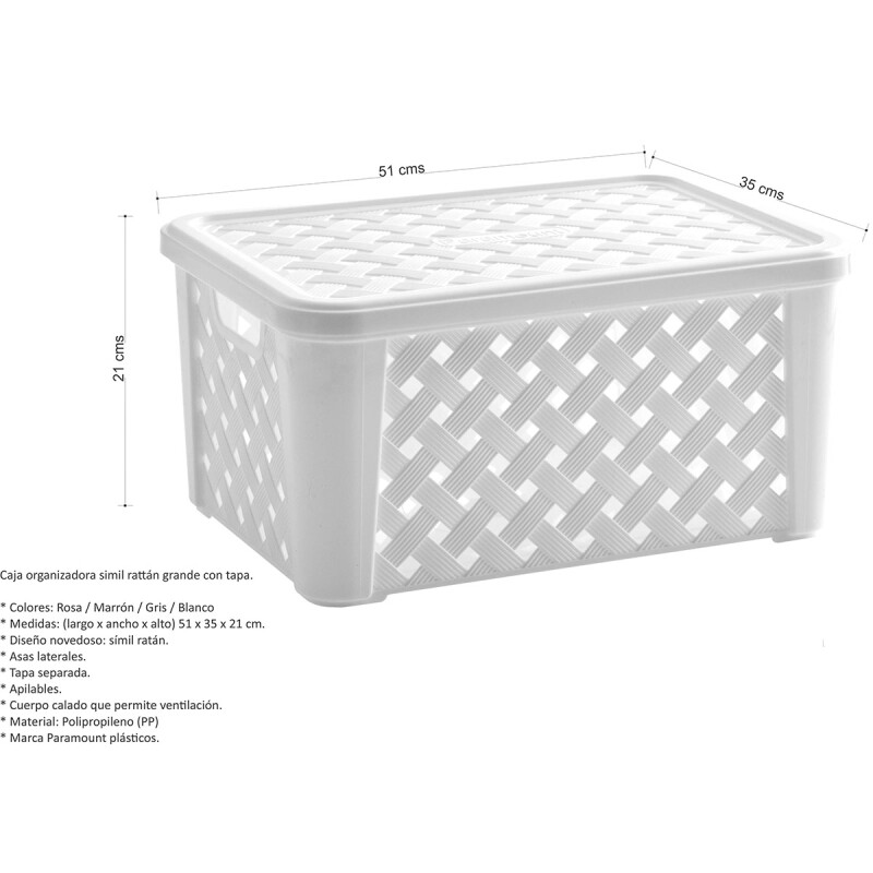 Set x3 Caja organizadora simil rattán con tapa G BLANCO