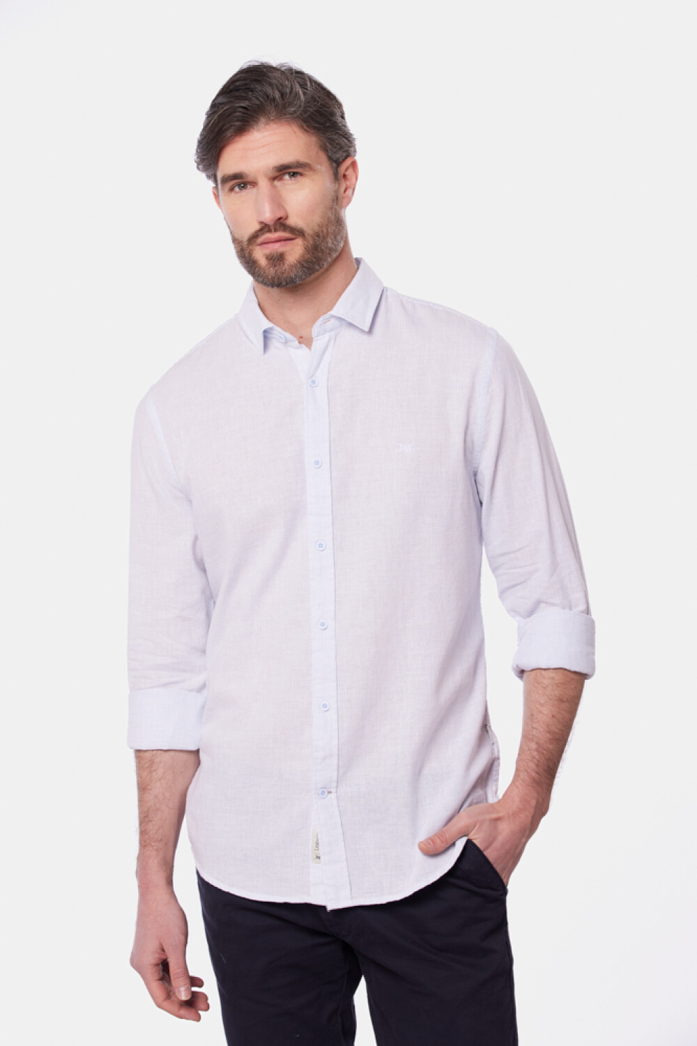 CAMISA DE LINO RAYADA Celeste