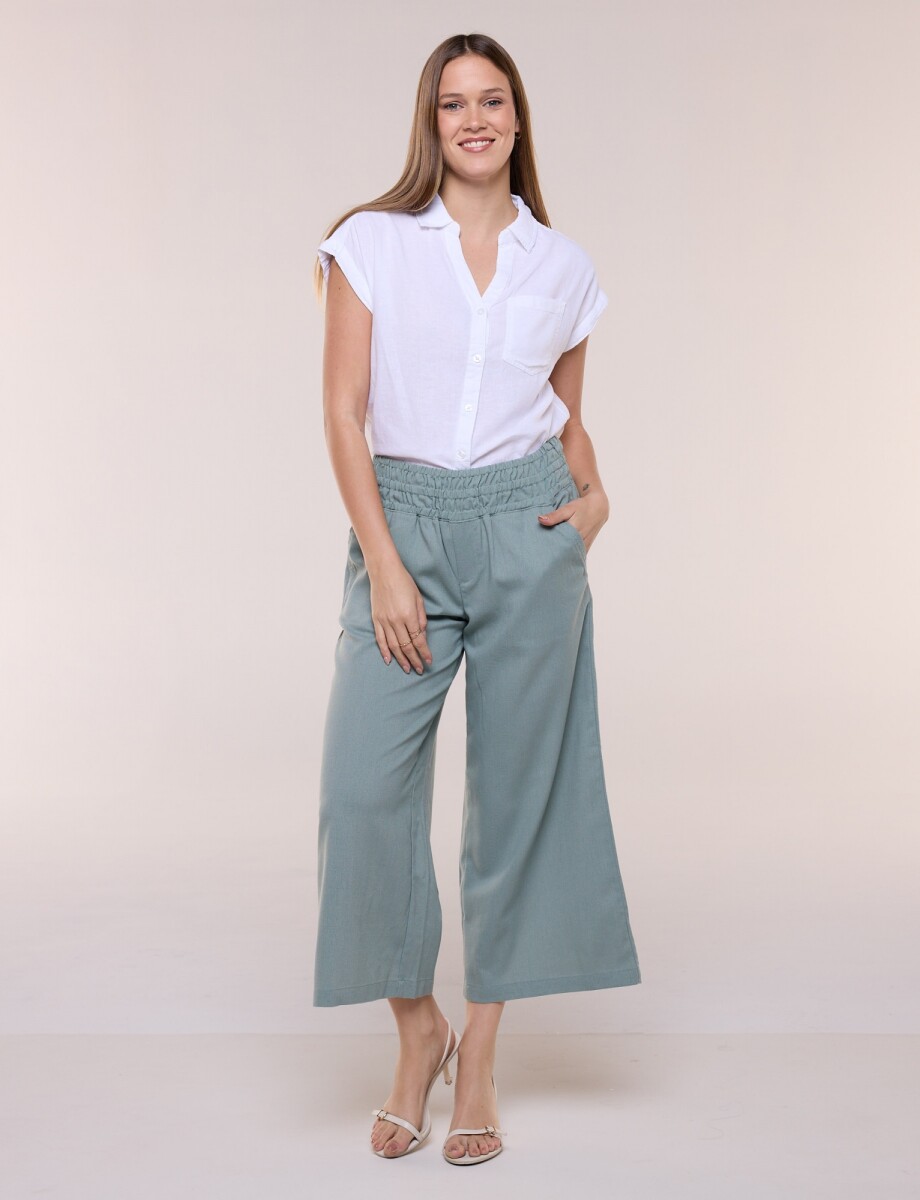 Pantalón De Lino Crop Con Cintura Elastizada - Verde 