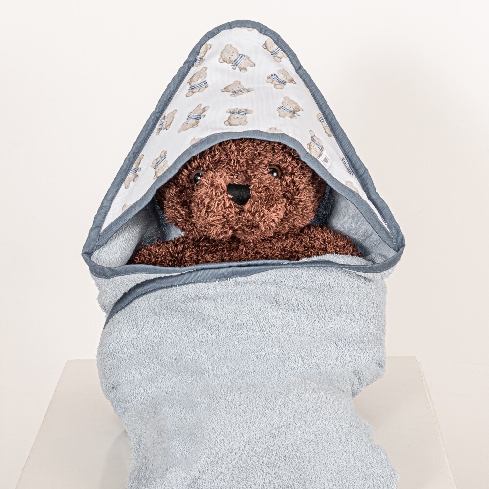 Toalla con Capucha Ositos Celeste Borde Azul y Celeste
