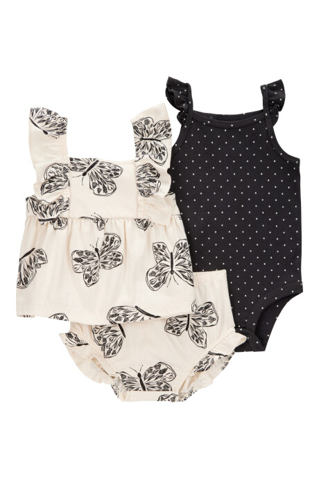 Set tres piezas de algodón, short, musculosa y body, diseño mariposas Sin color