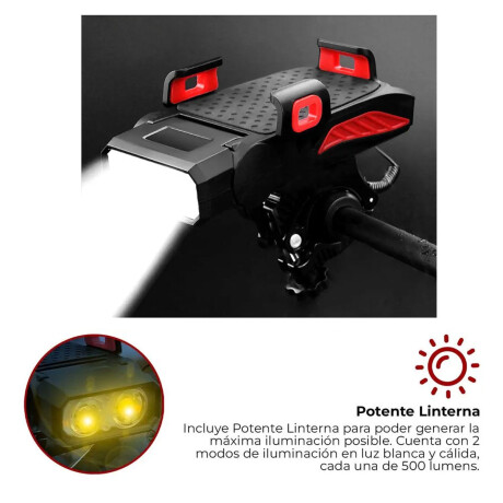 Luz Potente Bicicleta Porta Celular Powerbank Bocina Negro