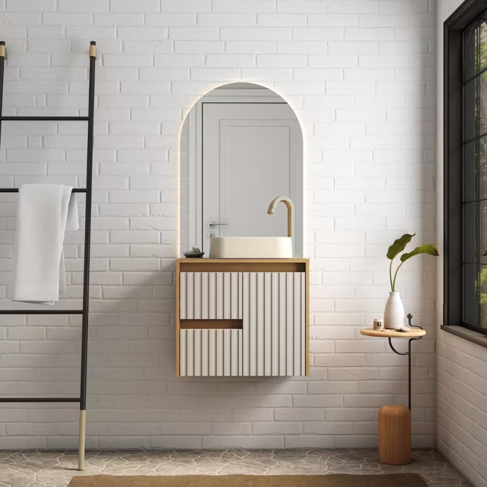 Mueble de baño suspendido Kyoto Beige 61 cm con tapa de vidrio y bacha de loza Mueble De Baño Suspendido Kyoto Beige 61 Cm Con Tapa De Vidrio Y Bacha De Loza