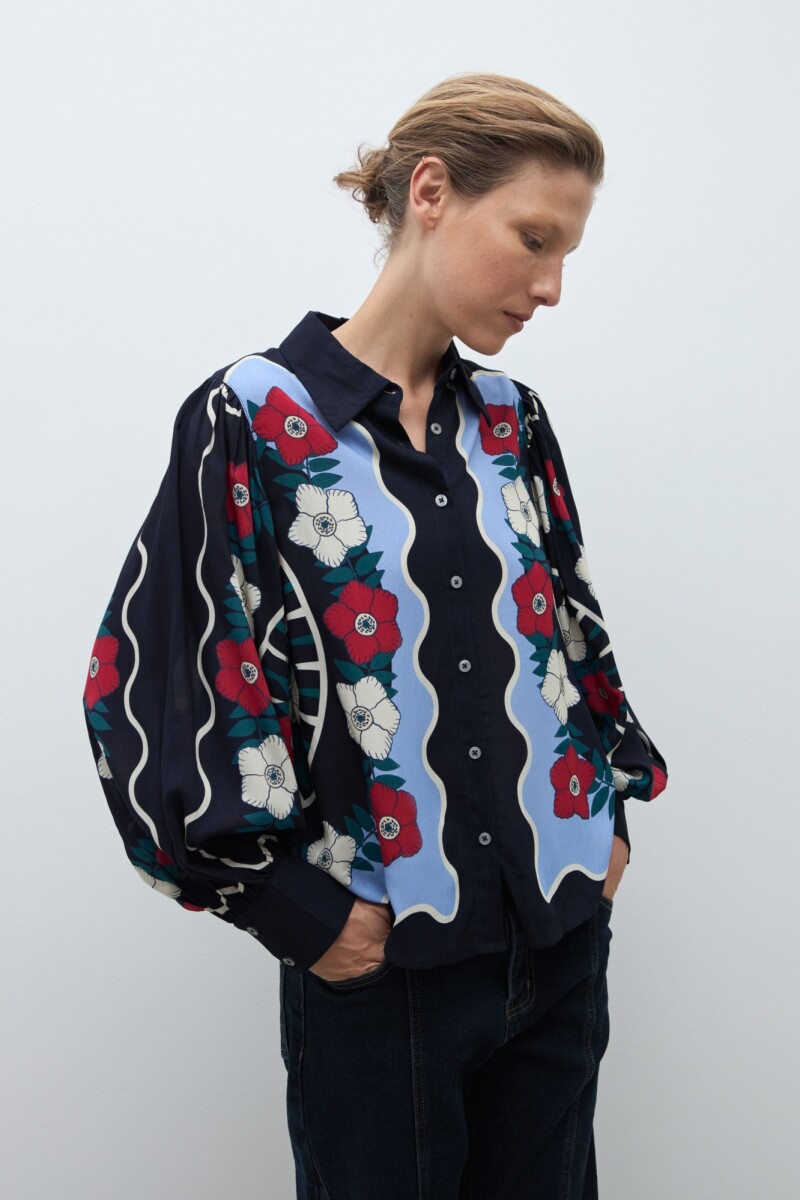 Camisa estampa floral nativa azul marino