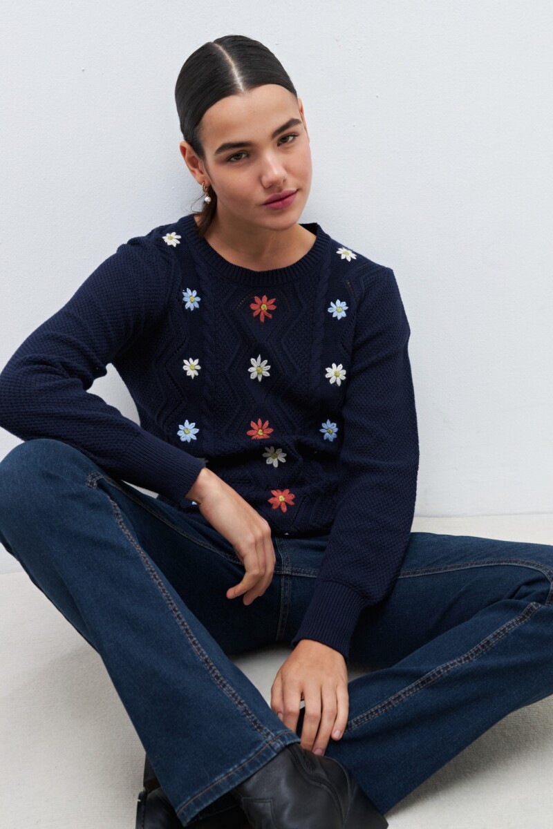 Sweater con bordado floral - azul marino 