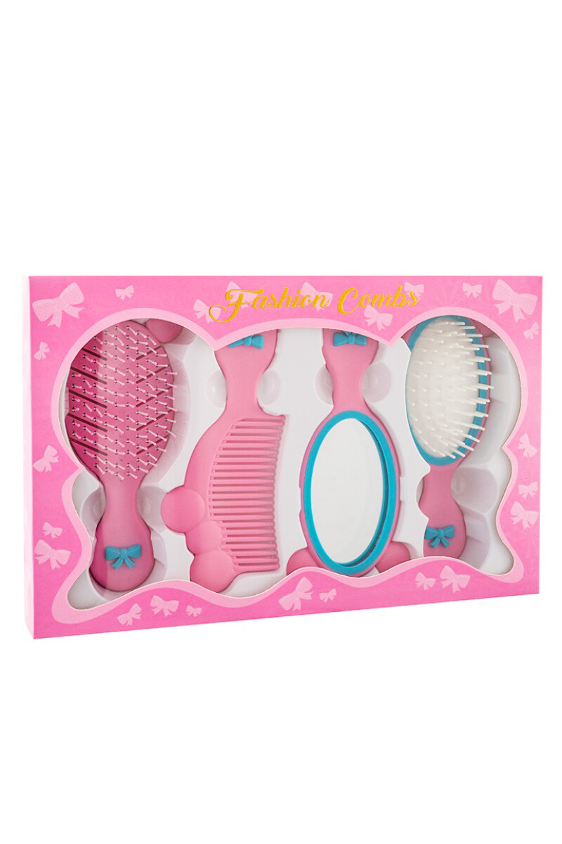 Set 4 piezas cepillos + peines + espejo - Rosa 