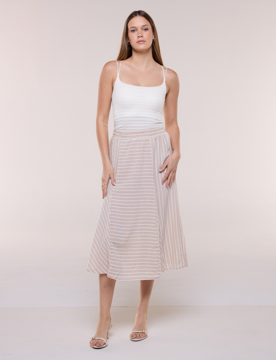 Falda Midi Acampanada A Rayas - Beige 