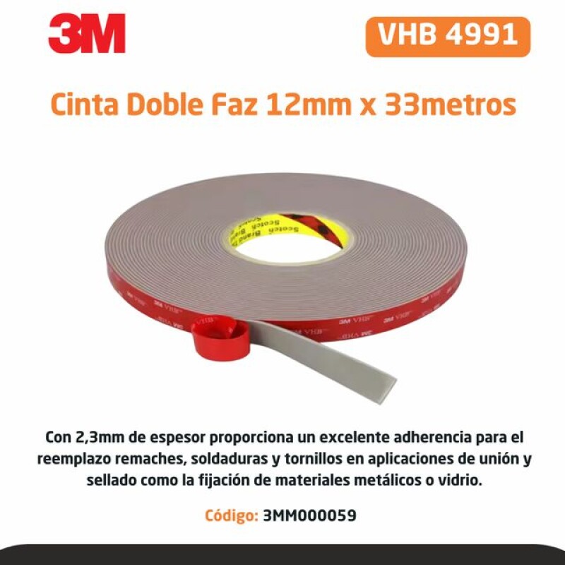 CINTA DOBLE FAZ VHB4991 GRIS 12MM X 33M - 3M CINTA DOBLE FAZ VHB4991 GRIS 12MM X 33M - 3M