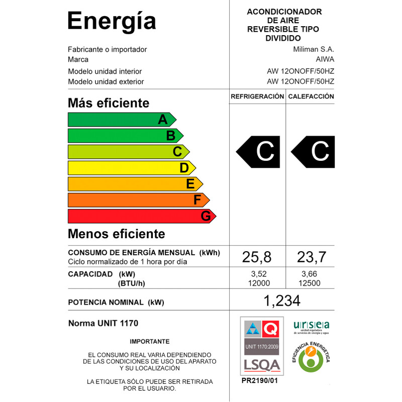 Aire Acondicionado AIWA 12000 BTU Split ON/OFF Frío/Calor Blanco Aire Acondicionado AIWA 12000 BTU Split ON/OFF Frío/Calor Blanco