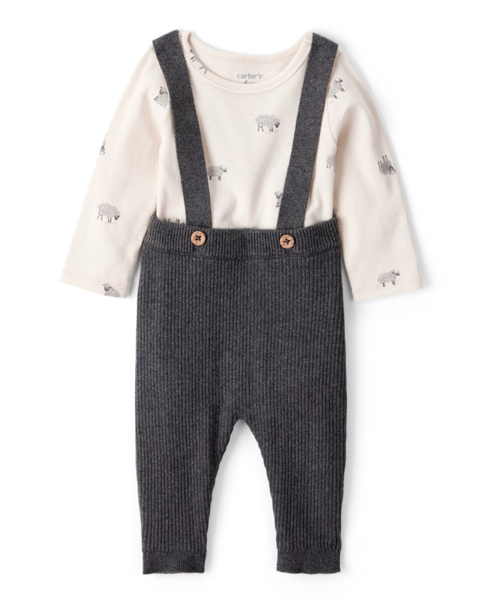 Set dos piezas de algodón, pantalón con tiradores y body, diseño ovejas 