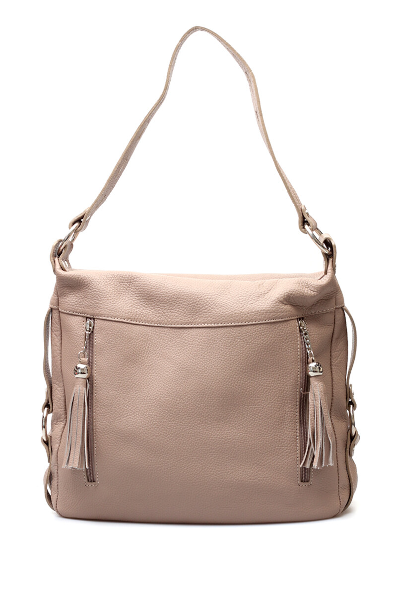 Cartera de Cuero Doble Cierre Con Flecos - Beige 