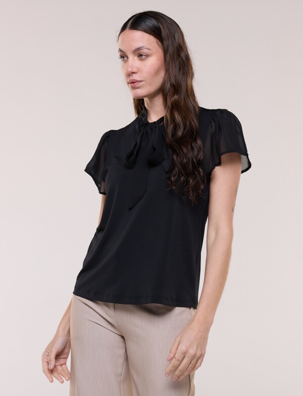 Blusa Tie Neck Con Mangas Mariposa De Gasa NEGRO