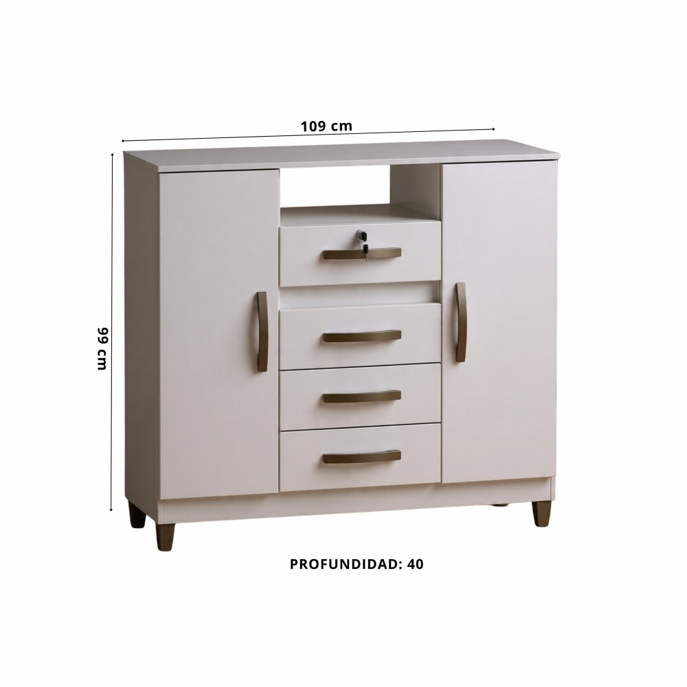 CÓMODA CAJONERA GUARDARROPA 4 CAJONES 2 PUERTAS CON LLAVE BLANCO