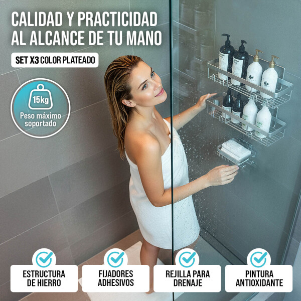 Set de 3 Estante Organizador Accesorio Baño Ducha Jabonera Adhesivo Imback Color Plateado Set de 3 Estante Organizador Accesorio Baño Ducha Jabonera Adhesivo Imback Color Plateado