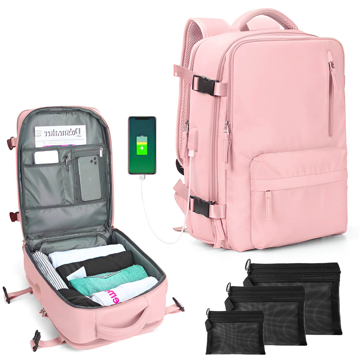 Mochila Viaje Carry On Impermeable Laptop Ejecutiva - Rosa 
