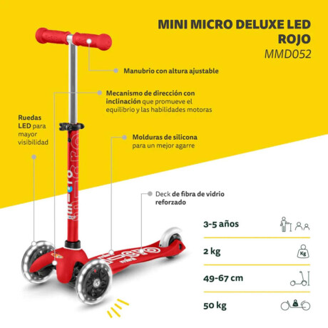 Monopatín Micro Mini Deluxe LED Ajustable con 3 Ruedas Rojo