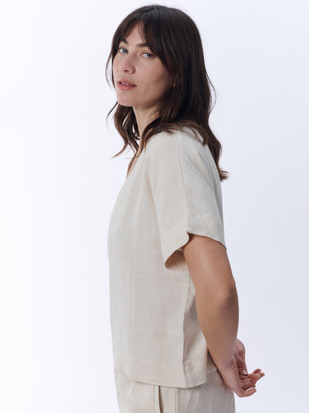 Blusa cuello en v con lino Crudo