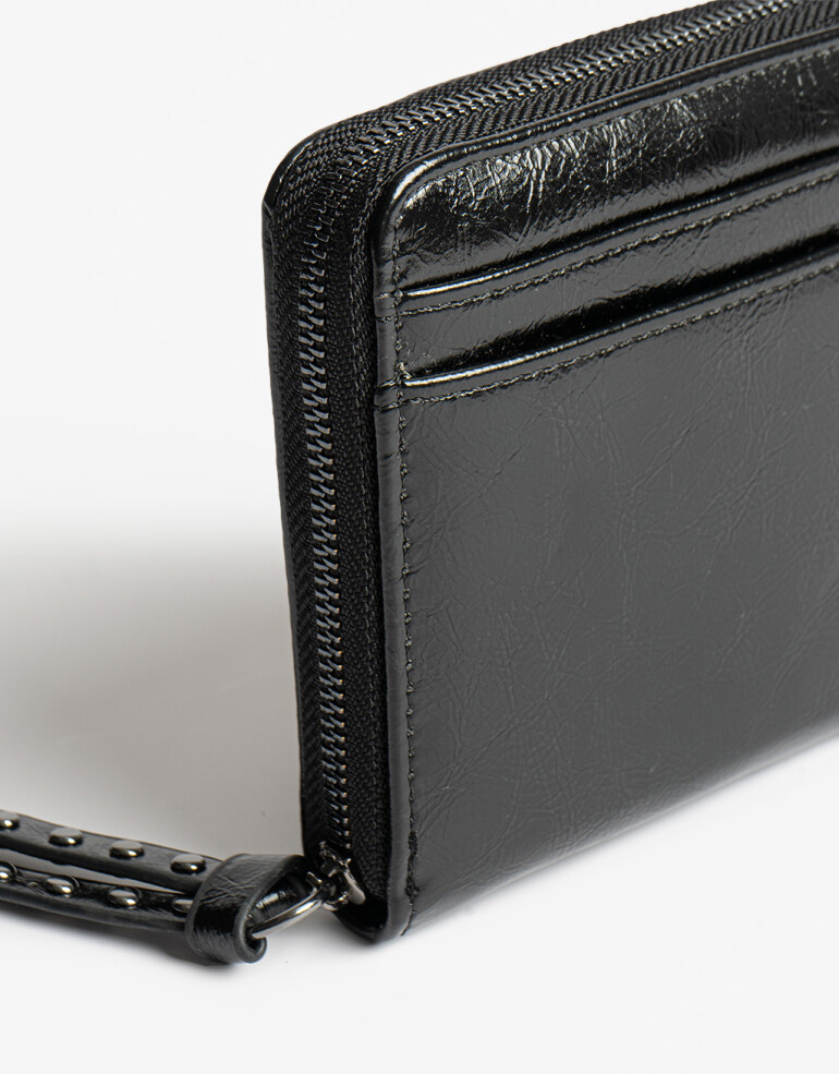 Billetera Zip Round Billetera Efecto Satinado Negro - Negro