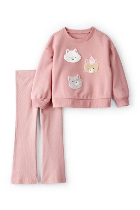Set dos piezas de algodón, pantalón y buzo, rosados, estampa gatitos Sin color