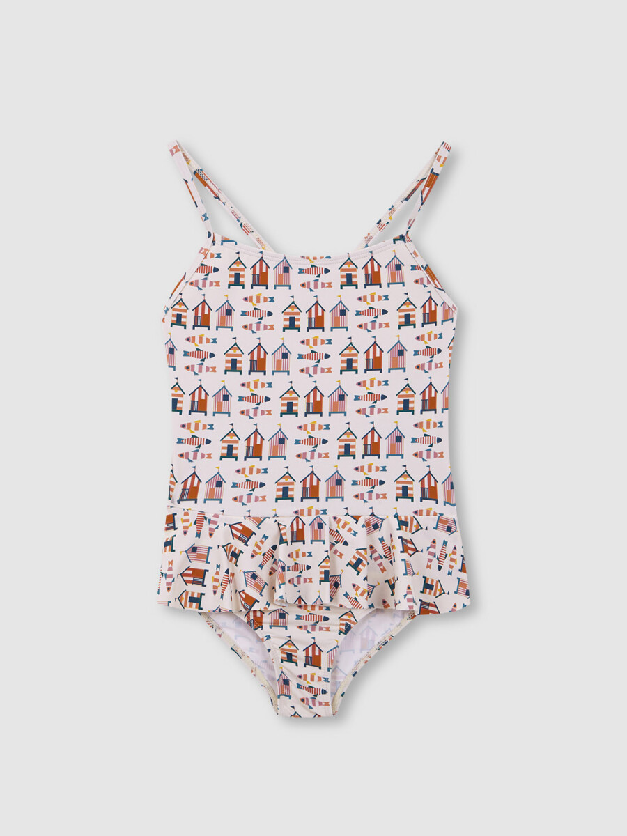 Traje De Baño Estampado Casitas Blanco Roto