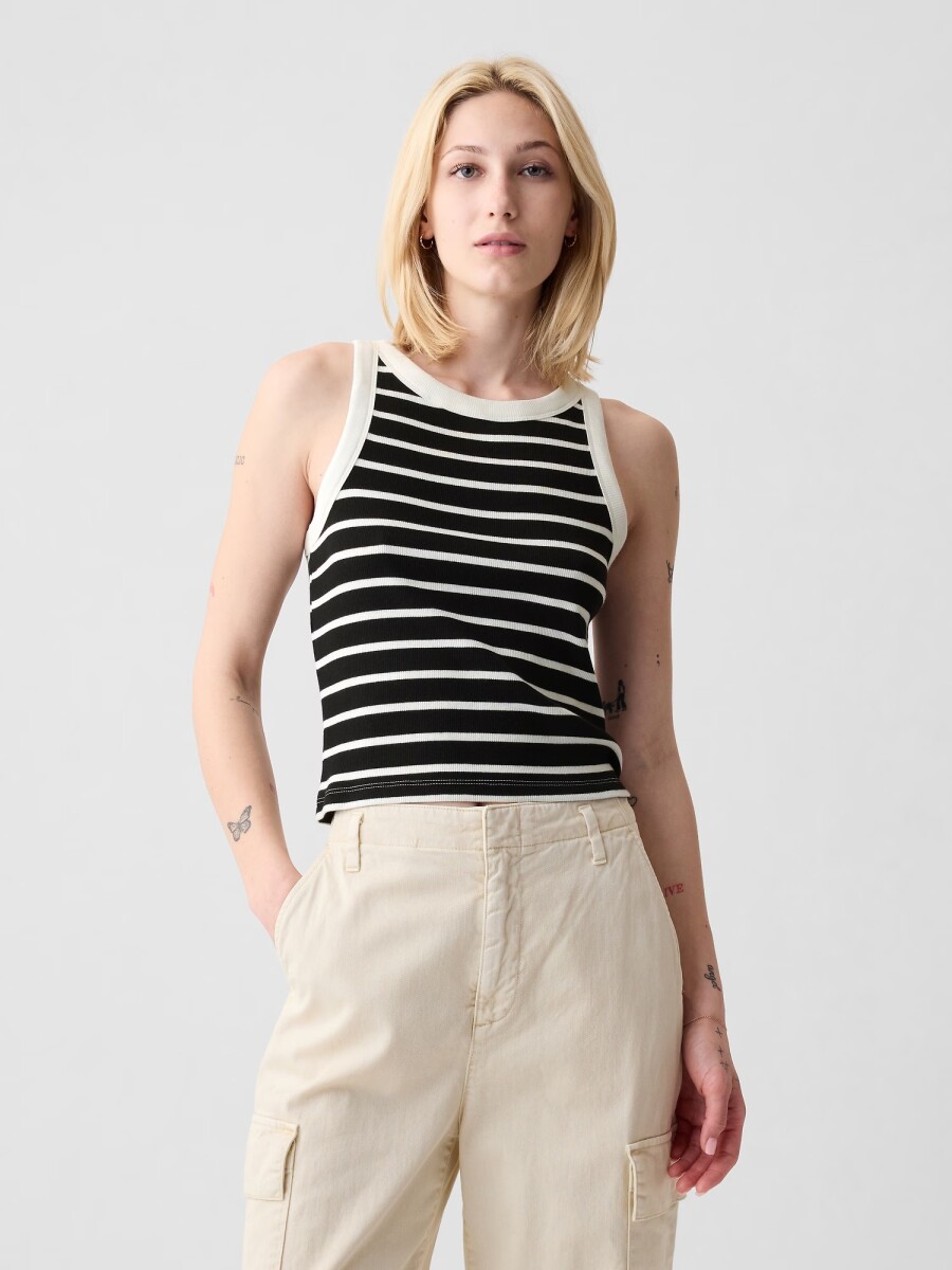 Musculosa Modal Cuello Halter Mujer - Black White Stripe 