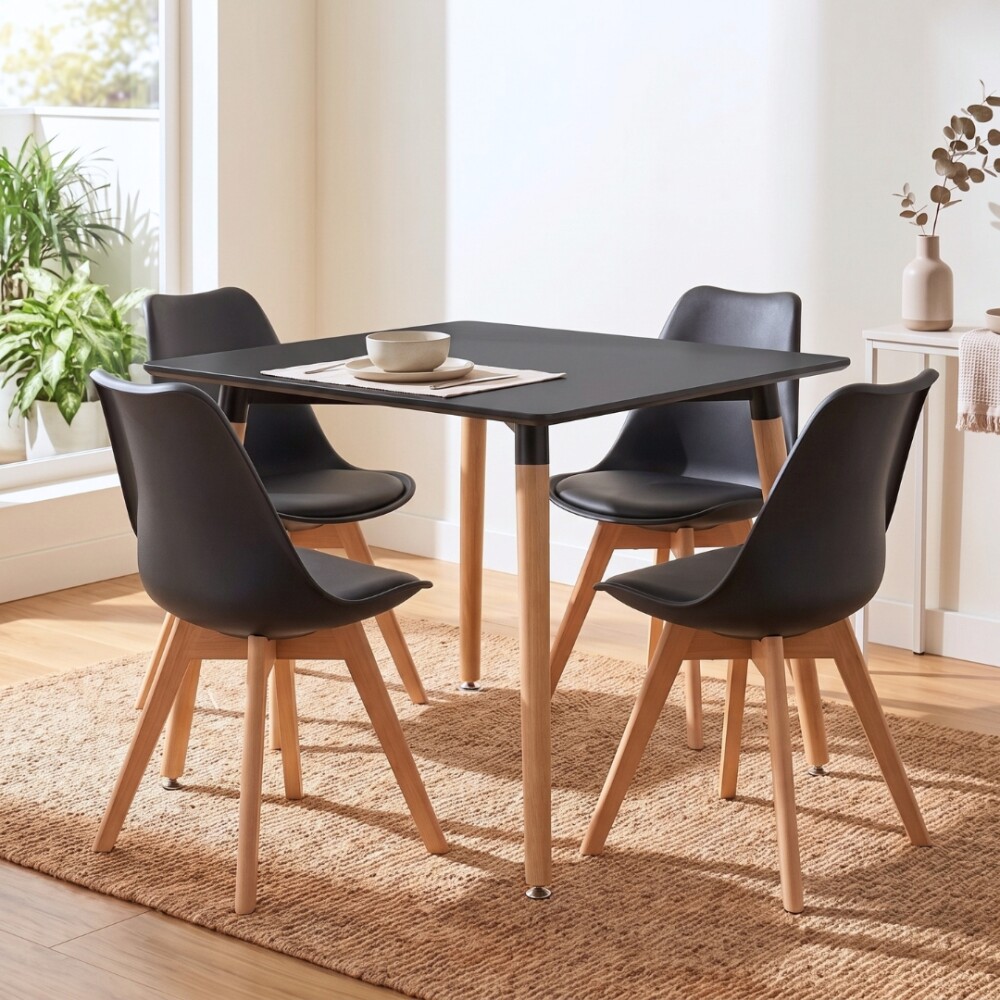 Juego de Comedor 4 Sillas Eames Cuadrada 80 Negro