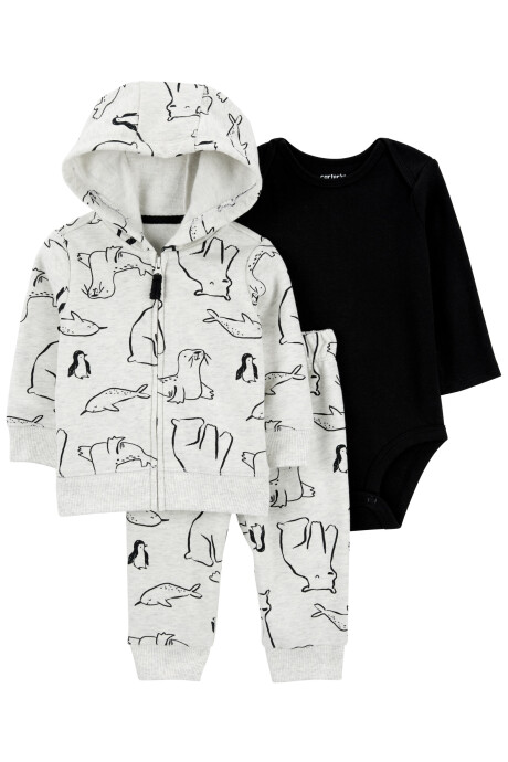 Set tres piezas de algodón, campera con capucha, pantalón y body, diseño animales árticos Sin color