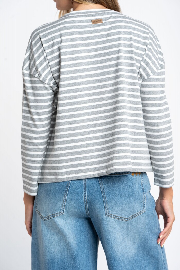 Remera Algodón Elastano Rayada Gris Melange