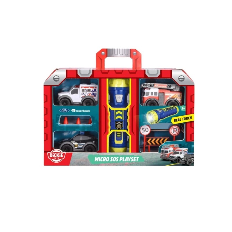 Set de Rescate Dickie en Miniatura DICKIE MICRO PLAYSET DE RESCATE. INCLUYE 3 MICROVEHÍCULOS CON RUEDA LIBRE, SEÑALES DE TRÁFICO, 1 LINTERNA CON 3 FUNCIONES DE LUZ