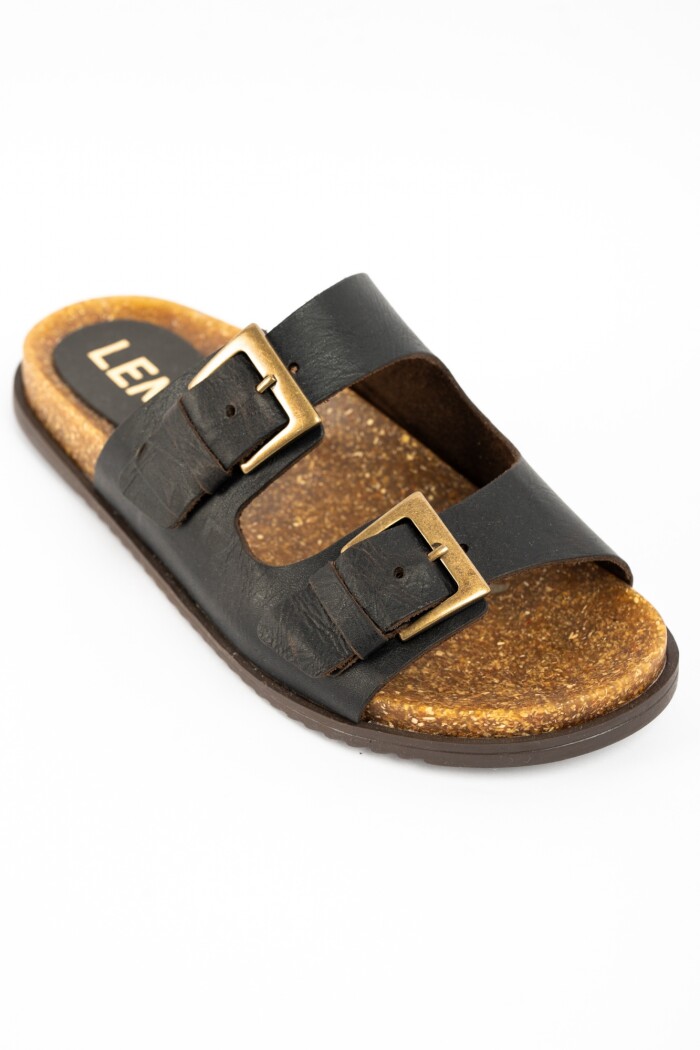 Sandalias De Cuero Doble Hebilla Chocolate