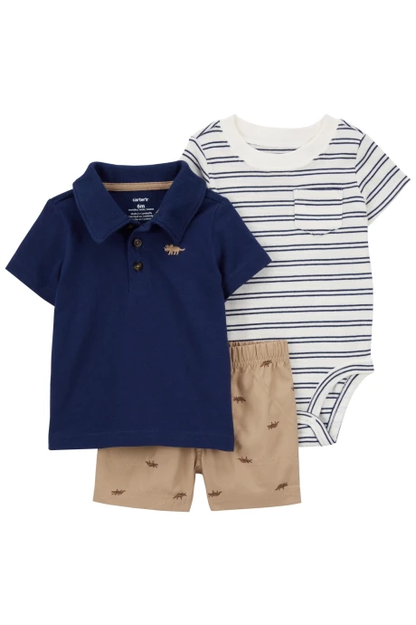 Set tres piezas de algodón, short, remera polo y body diseño dinos Set tres piezas de algodón, short, remera polo y body diseño dinos